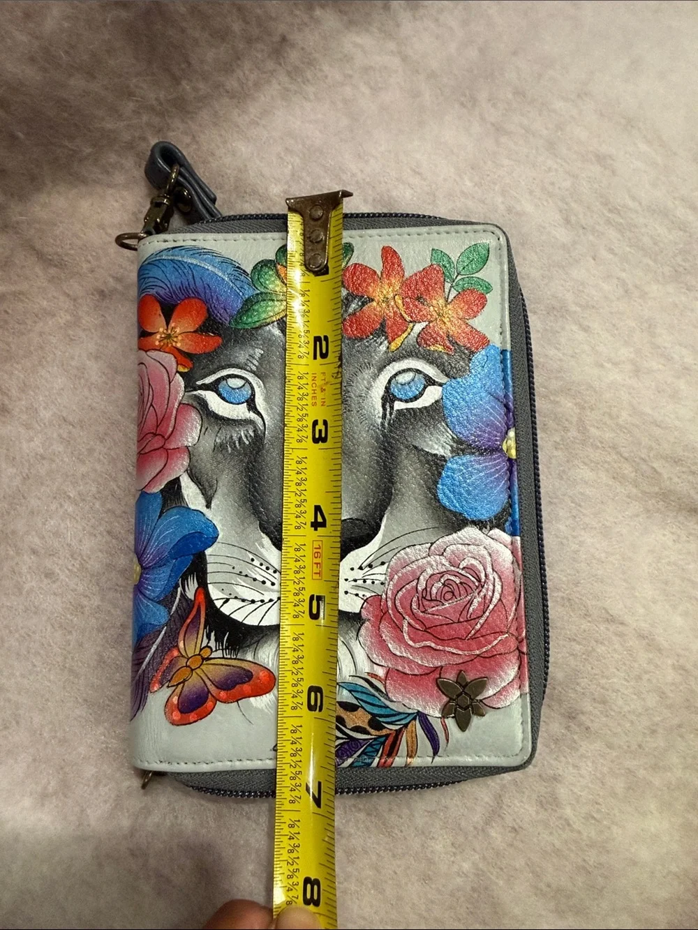 Anuschka Hand-Painted Lion Floral Wristlet in Blue, Pink, Orange, Green, Cream - Picture 6 of 7